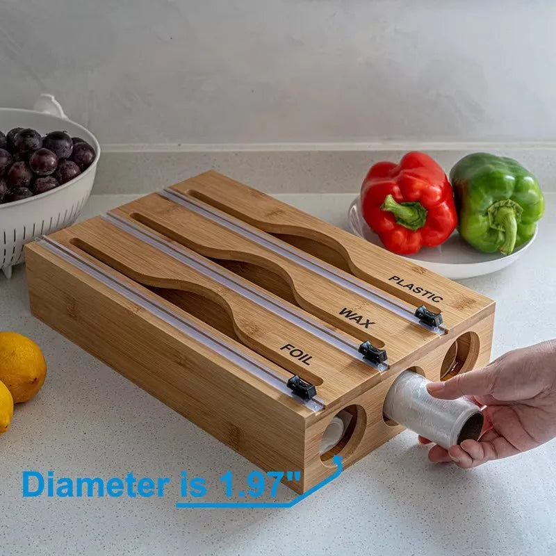 1pcs Refillable Bamboo Cling Film Box Cutter Food Wrap Dispenser