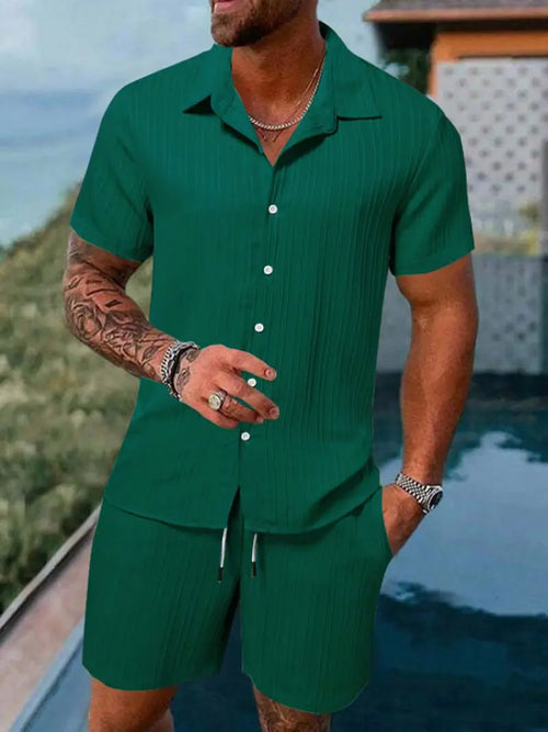 Men's beach suit striped solid color short sleeve shorts shirt Sports