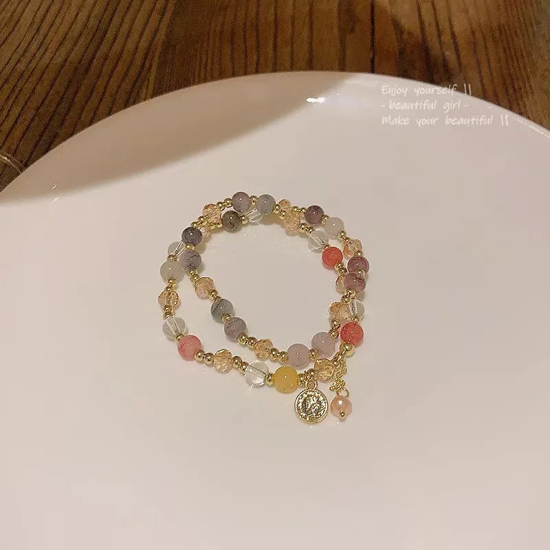 Double Crystal Beaded Bracelet Women Light Luxury Vintage Stacking