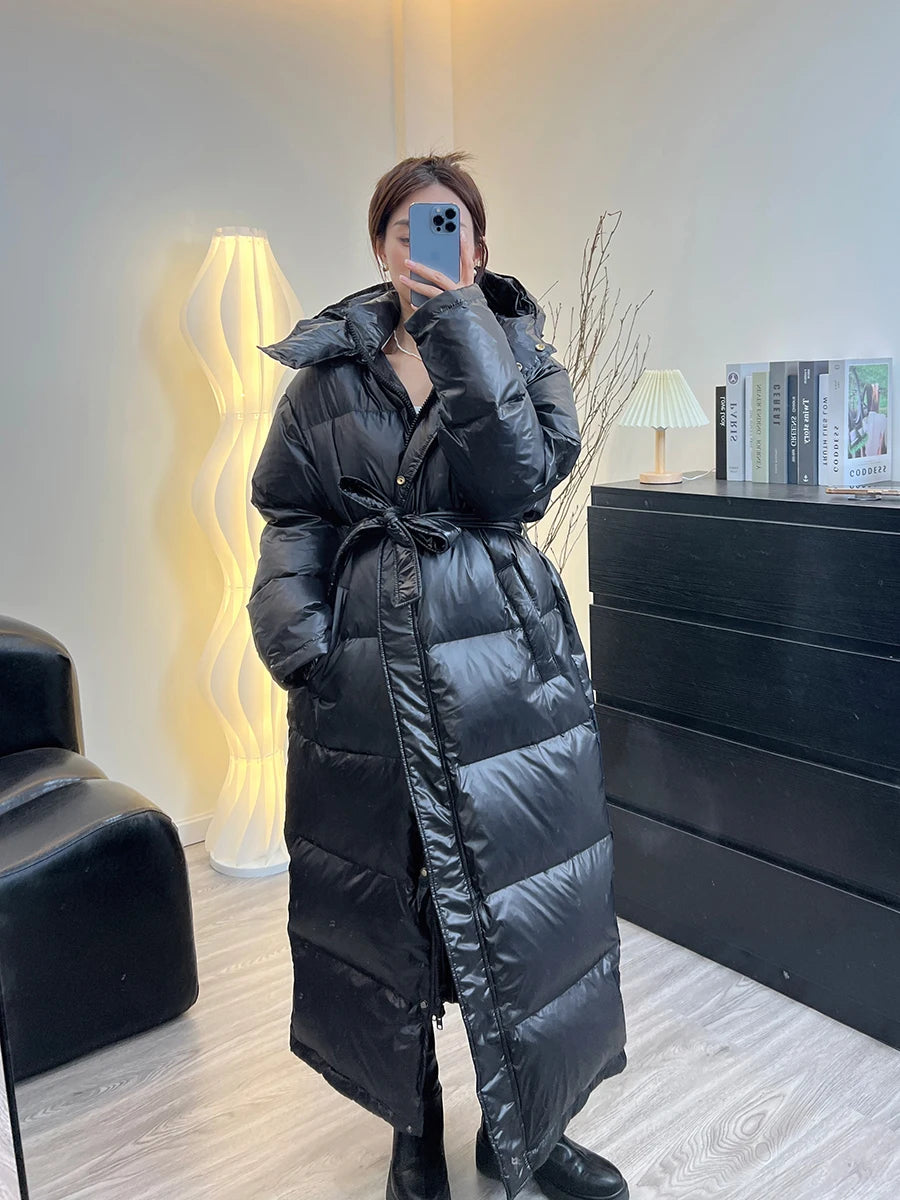 With Belt Women's Winter Down Jacket Long Puffer Coat White Duck Thick