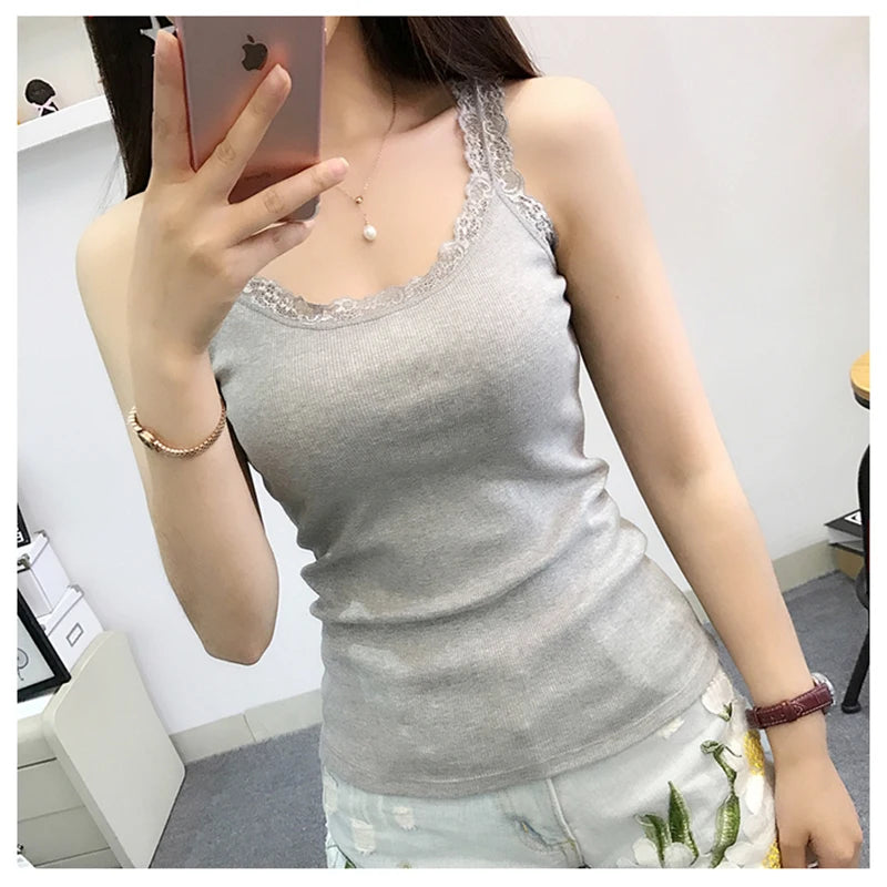 Black Tops Summer Sleeveless Women Tank Top With Lace Top Red Inside