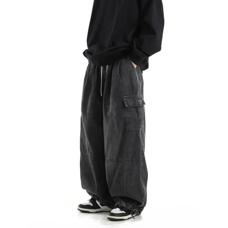 Y2k Black Baggy Cargo Jeans Trousers Men Streetwear Casual Hippie