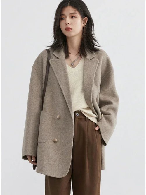 CHIC VEN Women's Woolen Coats Loose Casual Double Breasted Retro