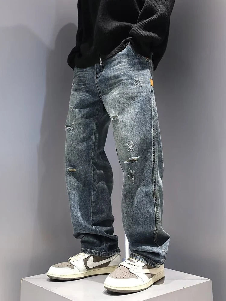 New Men's Ripped Jeans Baggy Straight Fashion Vintage Blue Denim Pants