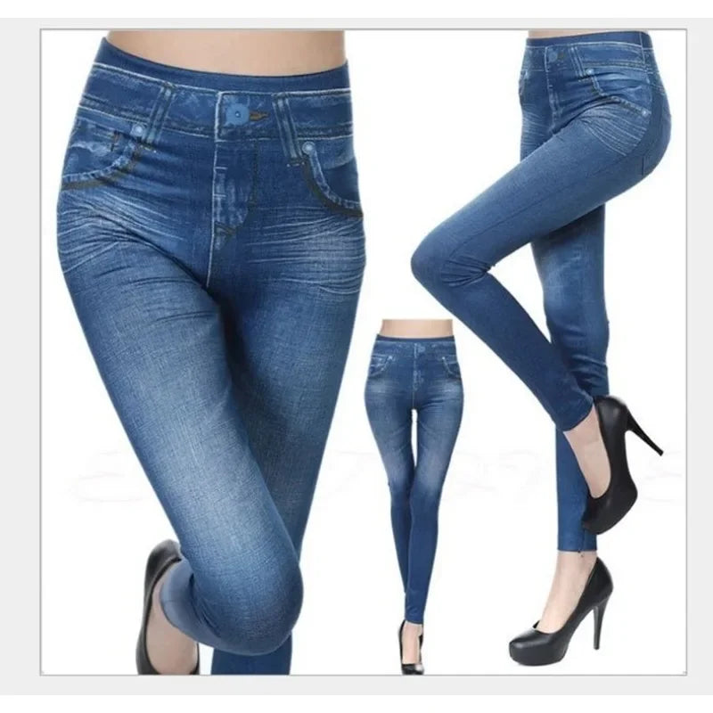 Women Leggings 2023 Fashion Faux Denim Jeans Leggings Sexy Long Pocket