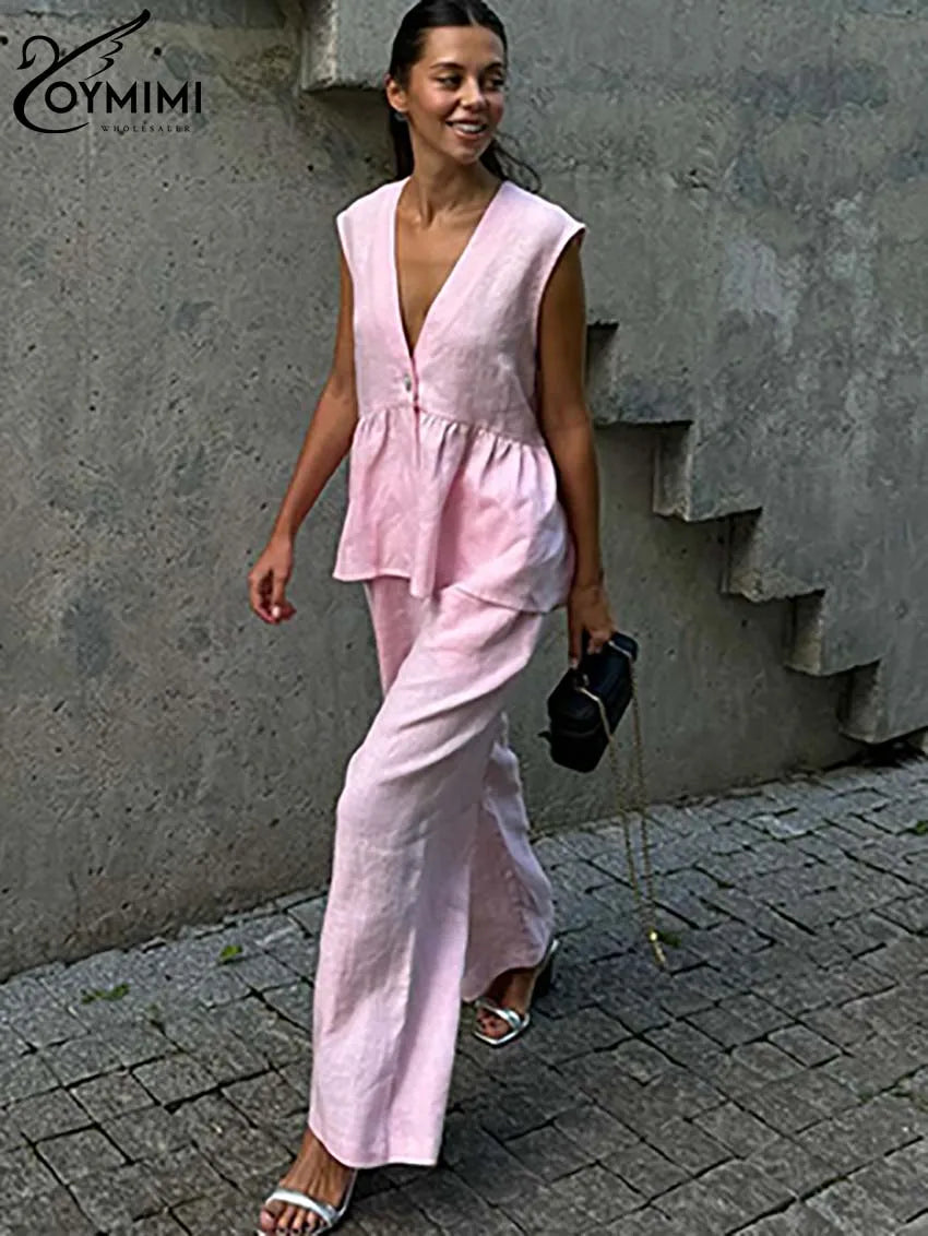 Oymimi Fashion Pink Cotton Sets Womens 2 Piece Elegant Deep V-Neck