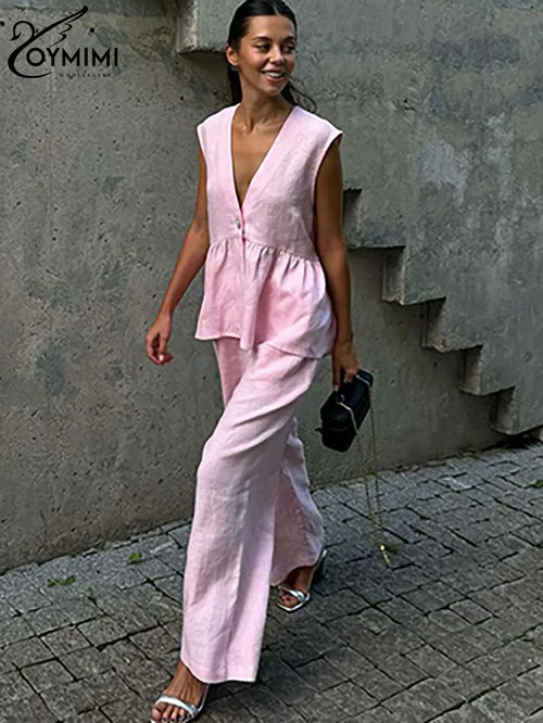 Oymimi Fashion Pink Cotton Sets Womens 2 Piece Elegant Deep V-Neck