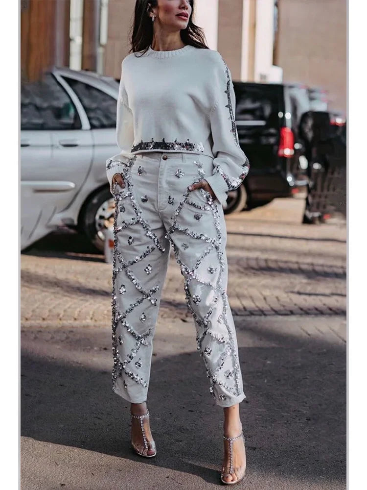Sequin Decor Straight Leg Denim Jeans for Women High Wait Elegant