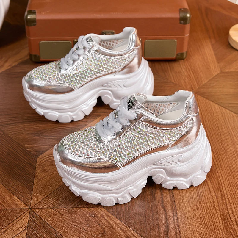 AUTUSPIN Women Summer Thick Soled Shoes Fashion Shiny Rhinestones Sneakers Outdoor Leisure Platform Wedges Crystal Shoes Woman