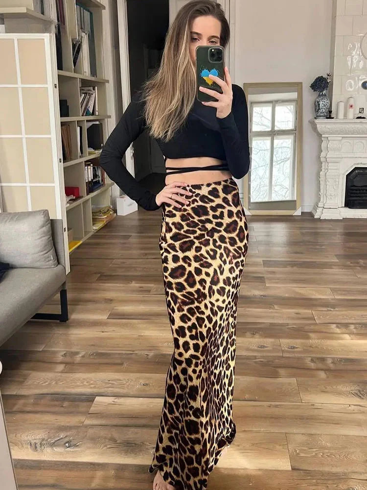 ASDS 2024 Women Fashion Leopard Print Skirt Vintage High Waist Midi