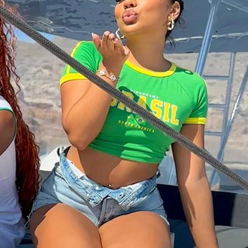 2024 Retro Street Aesthetic Baby T-shirt Women Green Brazil Letters