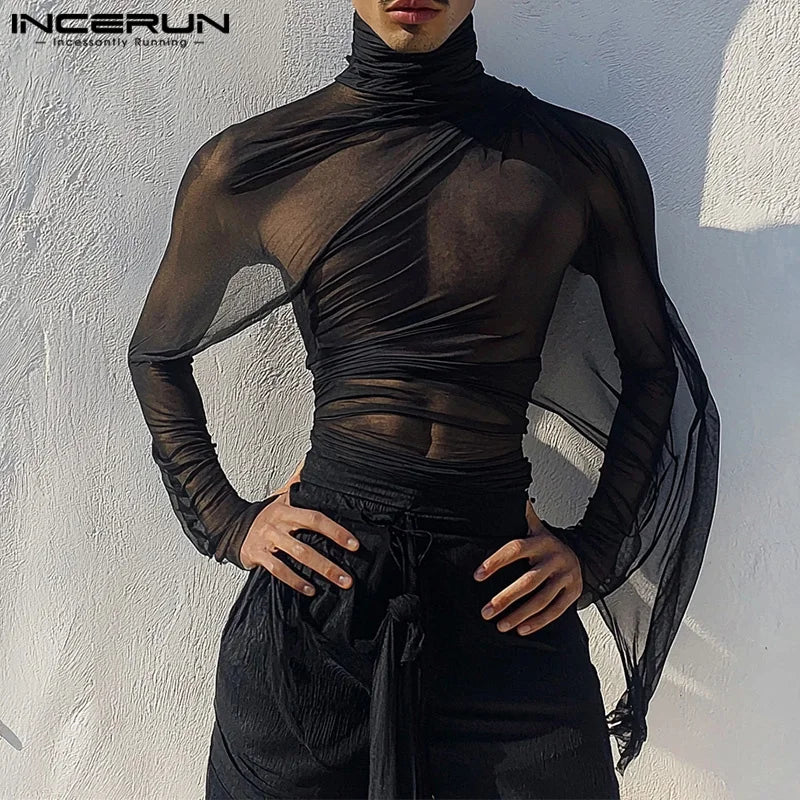 Fashion Sexy Style Tops INCERUN New Men's See-through Pleated T-shirt