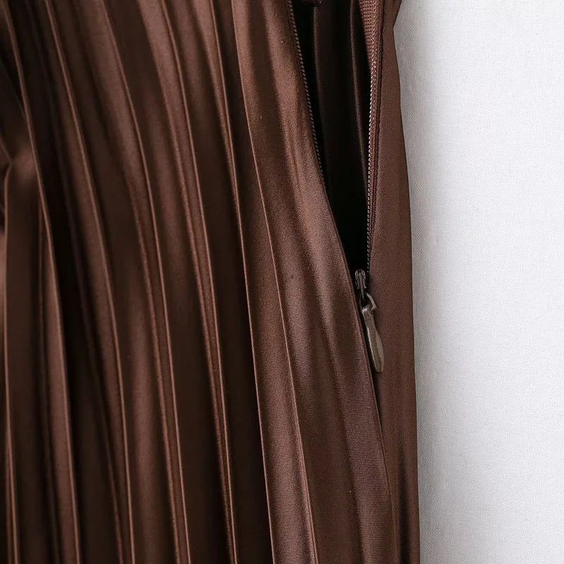 HXAO Women's Pleated Skirt Summer Brown Ruffle Skirt Cylinder Pleats