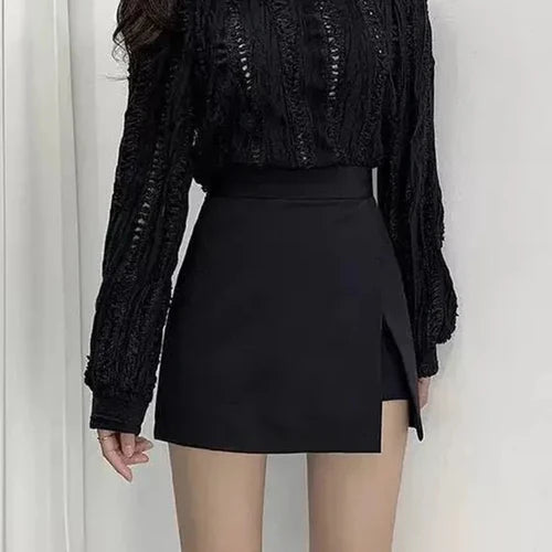 Black Mini Skirts Women Irregular Side Slits High Waist A Line Shorts
