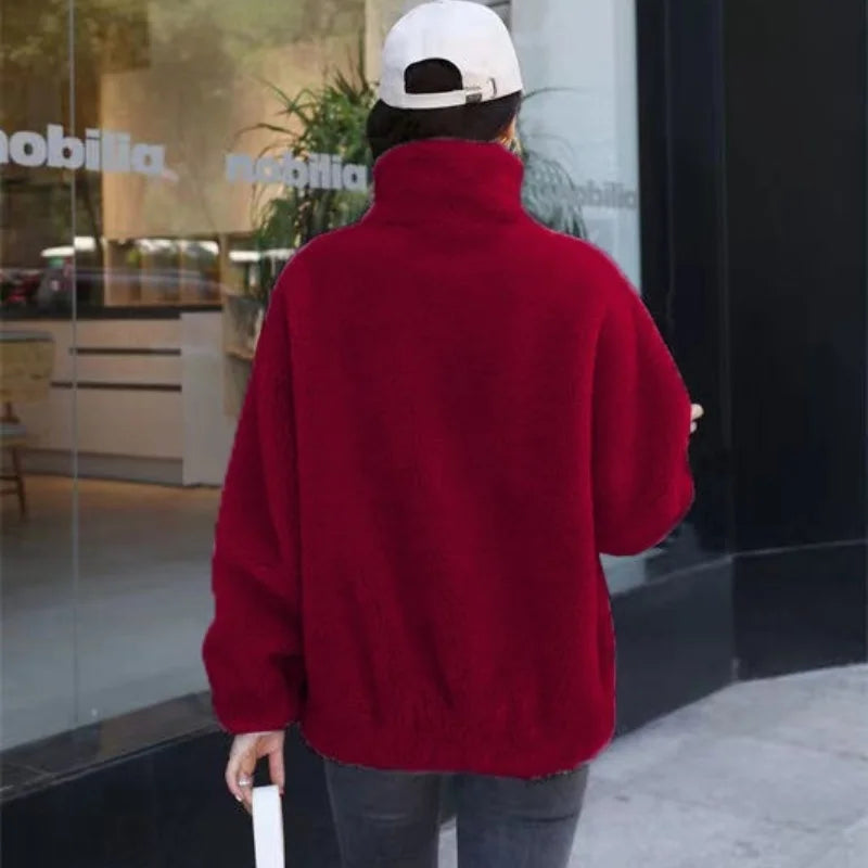 Women Winter Double Coral Fleece Warm Coat Stand Collar Plush Thick