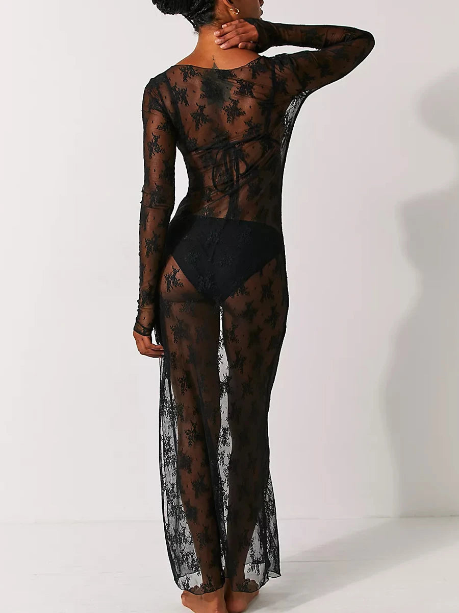 2025 New Womens See-Through Lace Dress, Long Sleeve Round Neck Slit