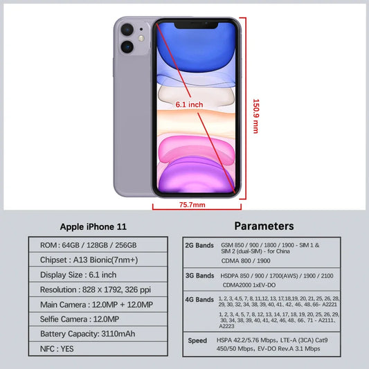 Original Unlocked Apple iPhone 11 4G LTE Mobile Phone NFC 64/128/256GB ROM 6.1'' IPS Screen 12MP A13 Bionic Hexa-core CellPhone