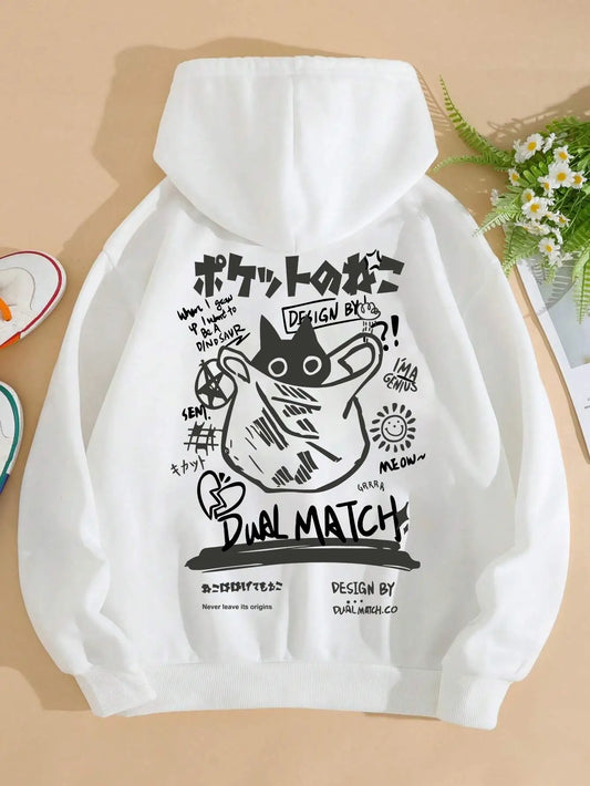 Cute Cat Cartoon Printed Sweatshirt Women Harajuku Casual Loose Hooded