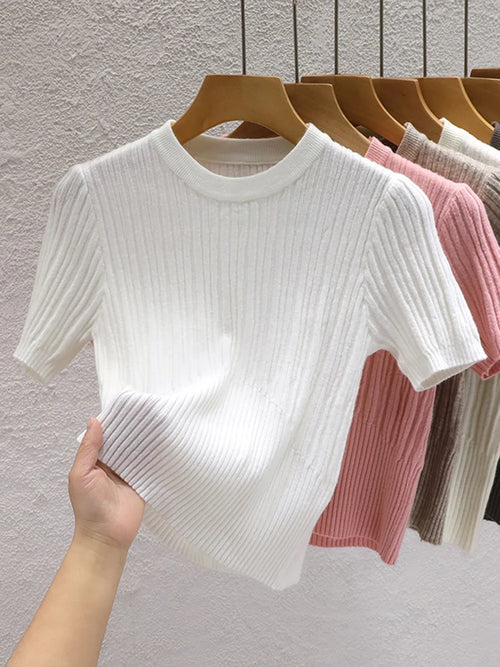 2024 Summer T shirts for Women Casual Female Korean Knit Streetwear