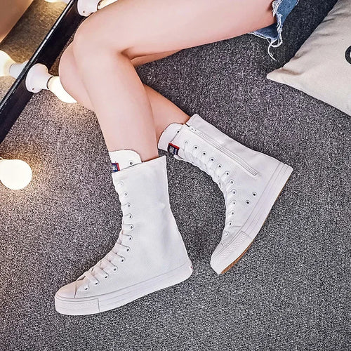 Canvas Long Boots for Women High Top Women Canvas Shoes Lace Up Knee
