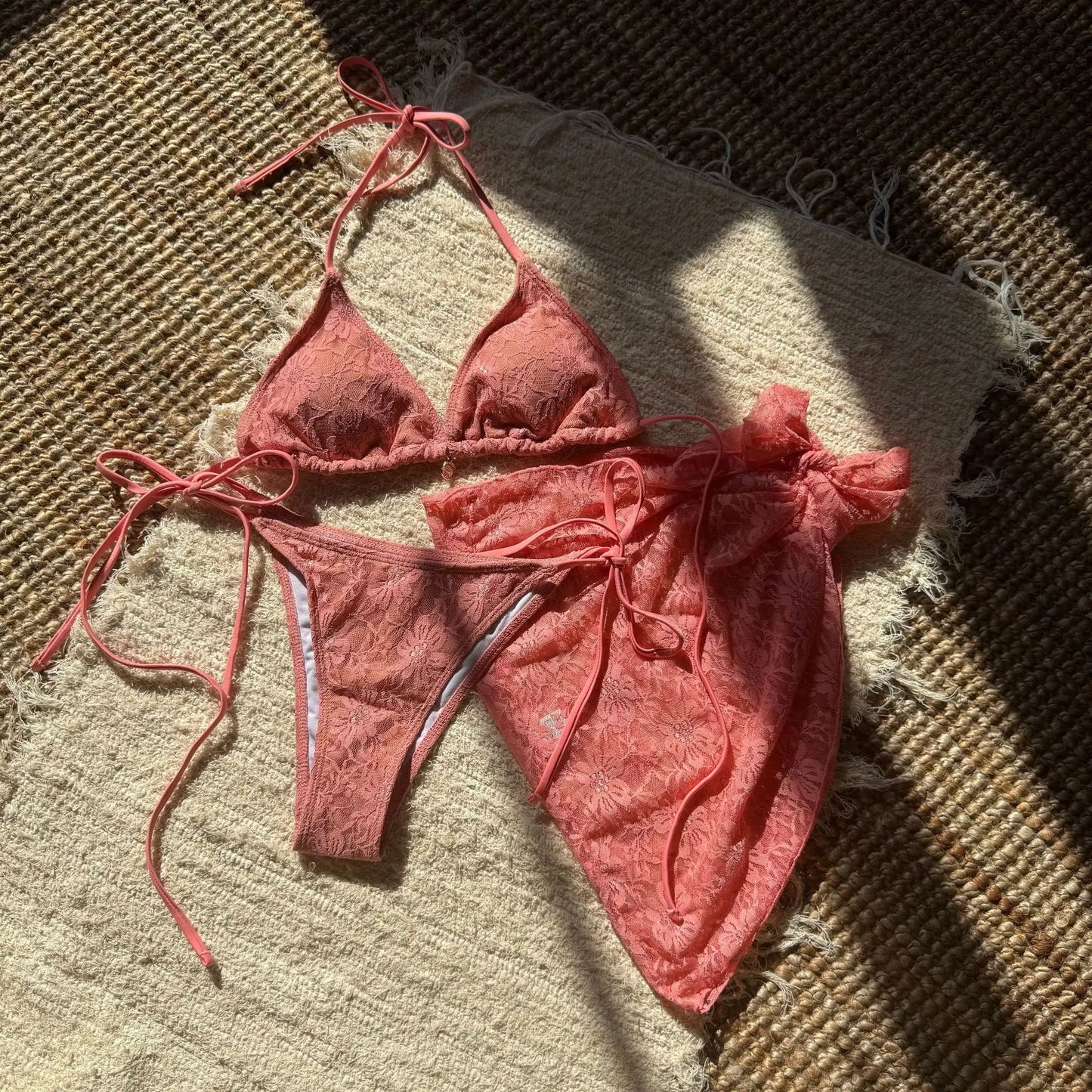 Lace Patchwork Bikinis Micro Thong Swimwear with Long Sleeve Cover Up Side Bandage Beach Bathing Suit Halter String Swimsuits