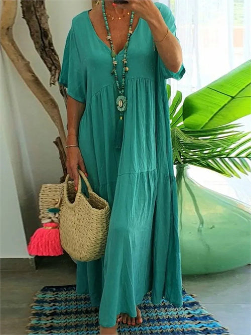 Loose Casual Dresses Women Summer V- Neck Short Sleeve Vestidos Solid