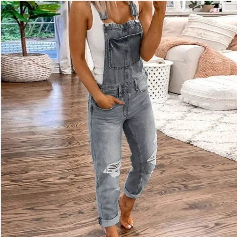 Hot Sale Suspenders Denim Jumpsuit For Women Fashion Ripped Jeans