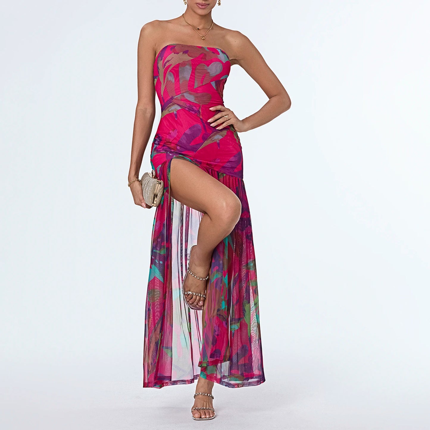Women’s Tube Top Summer Dress Slim Strapless Backless Mesh Patchwork