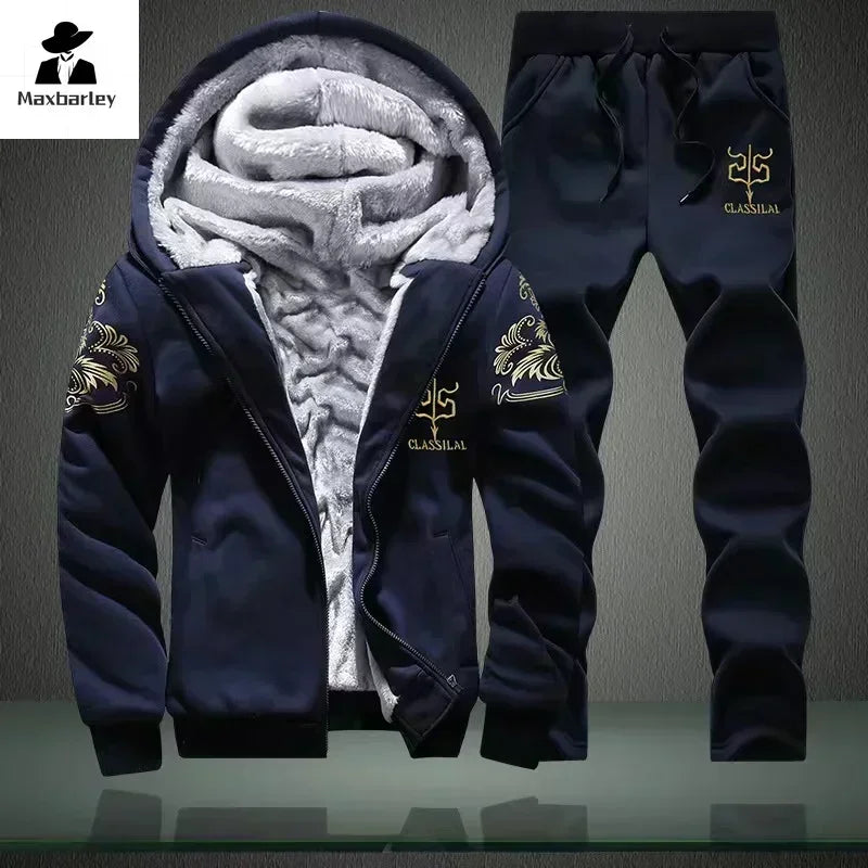 2024 New Winter Thick Men Sports Suit Tracksuit Hooded Sportswear