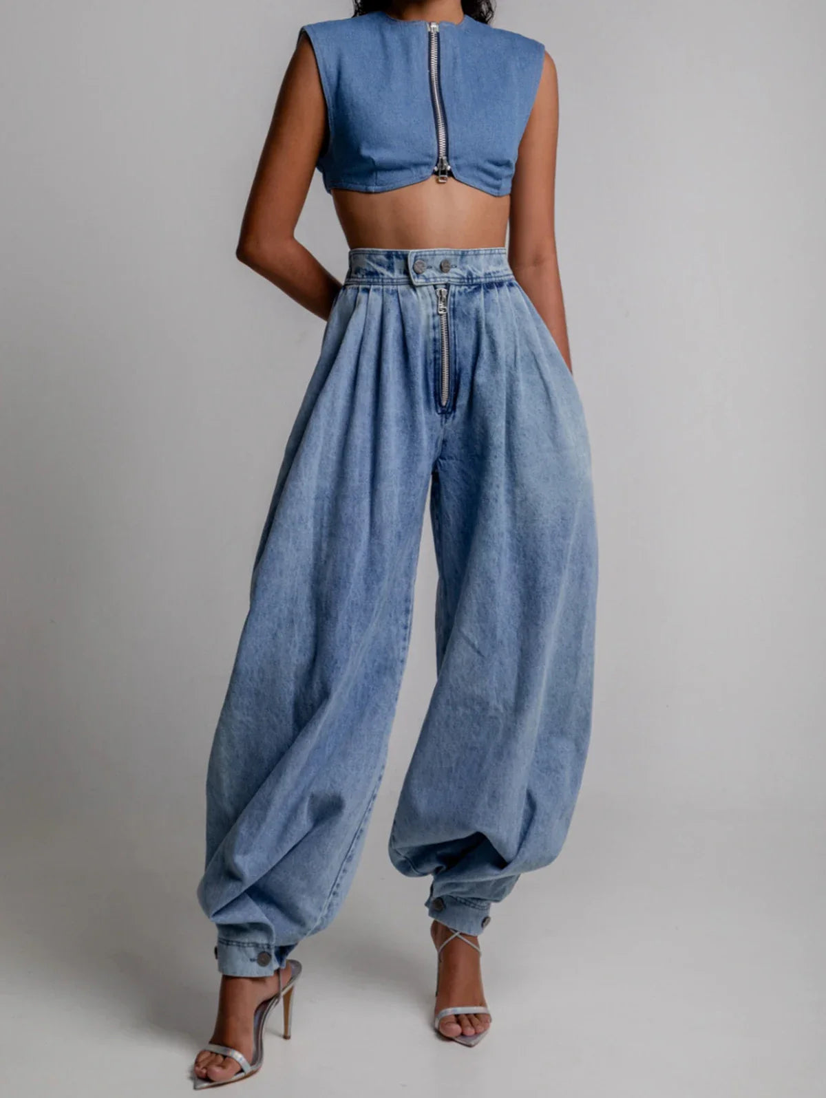 Women Spring High Waist Zipper Denim Loose Harem Trousers Jeans Female