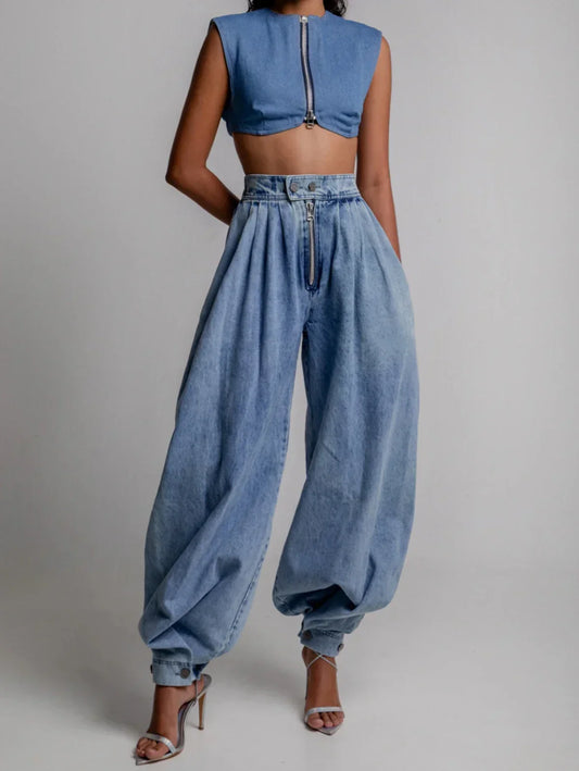 Women Spring High Waist Zipper Denim Loose Harem Trousers Jeans Female