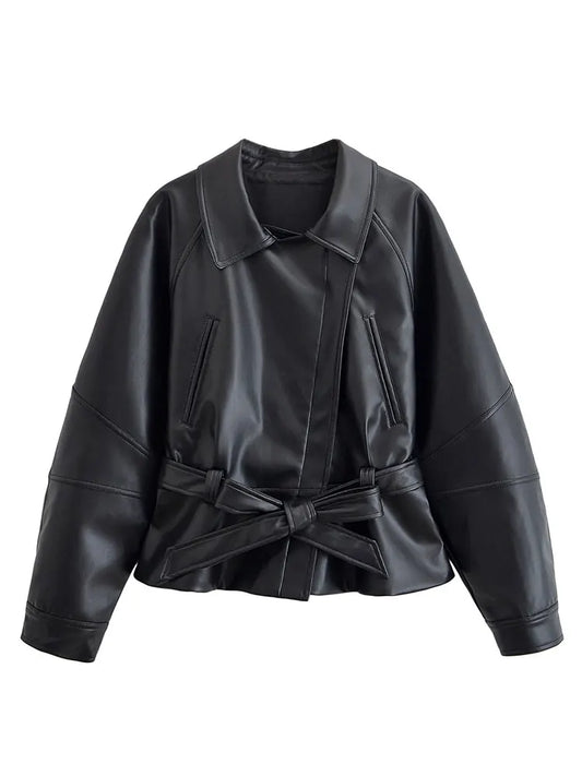 HH Women Vintage Motorcycle Jacket With Belt Faux Leather Trench Coat Long Sleeve Lapel Zipper Jacket Autumn High Street Outwear