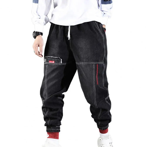 Loose Denim Pants Men Jeans Solid Color Drawstring Waist Harem Pants