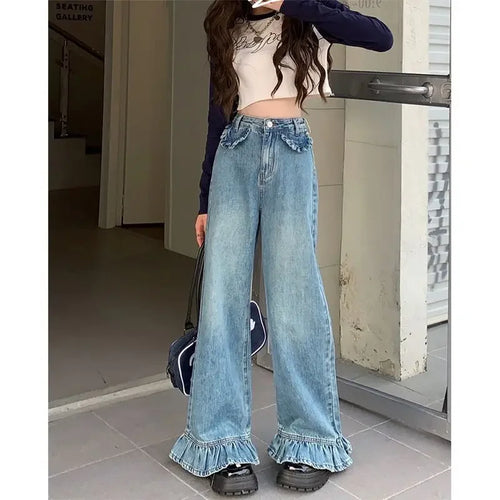 S-4XL Flare Jeans Women Baggy Washed Vintage Harajuku Streetwear Full