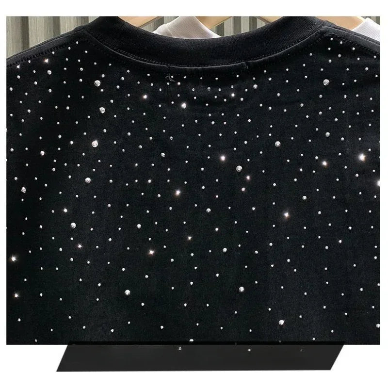 Summer Men Clothing Summer Rhinestone Rivet T-shirt Round Neck Casual