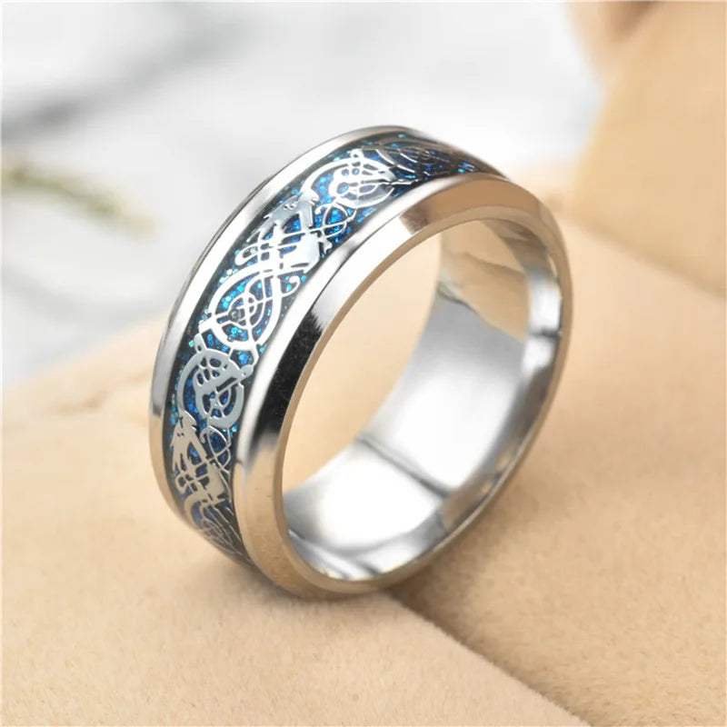 20 Colors Men Jewelry Red Blue Black Dragon Inlay Comfort Fit Stainless Steel Rings For Wedding Wide 8mm
