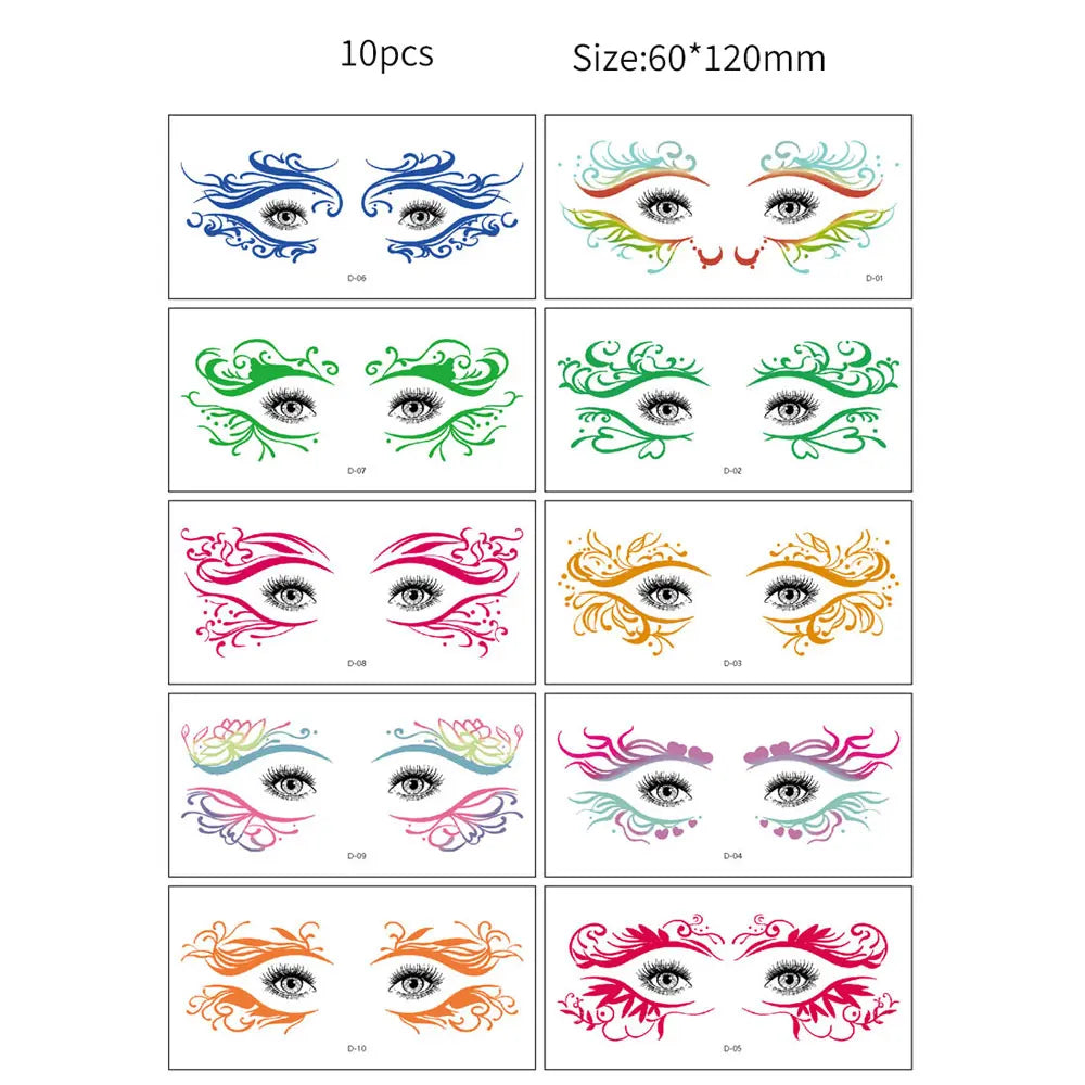 10pcs Halloween Facial Makeup Temporary Tattoo Stickers Waterproof Eye Decoration Tattoo