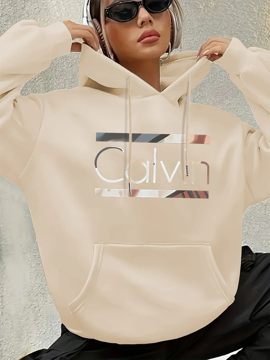 Women'S Vintage Inspired Calvin Letter Print Hoodie Long Sleeve Kangaroo Pocket with Calvin Design Casual Wear Hoodie Vintage