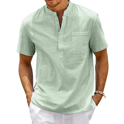 Cotton Linen Shirt Men Henley Neck Pocket Casual Beach Short Sleeve