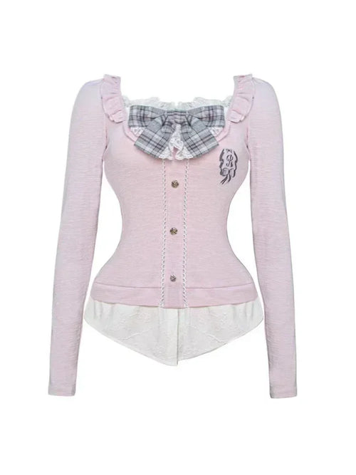 Japanese Sweet Preppy Style Skirt Set Women Kawaii Lace Patchwork Bow