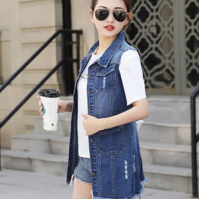 Women's Denim Vests 2025 Spring Summer Ripped Long Hole Jeans