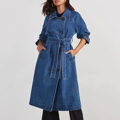 Spring Autumn Women Denim Trench Belt On Waist Jean Coats