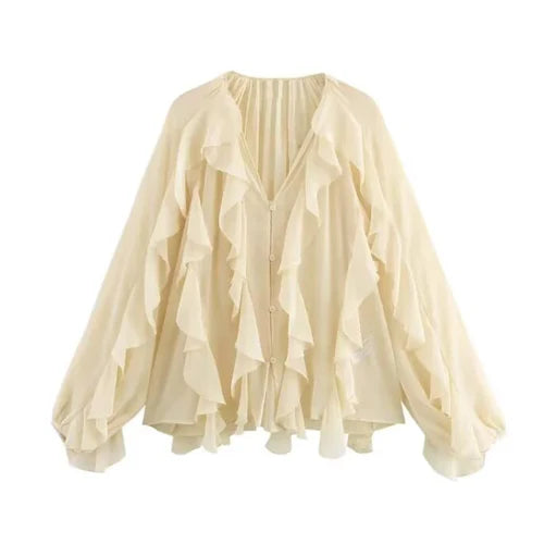 MUJER Ruffle Womens Blouses Semi Sheer Casual Blouses Woman Spring