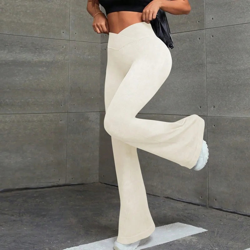 Ribbed High Waist Flare Leggings Women’s Slim Fit Pant Wide-leg Yoga