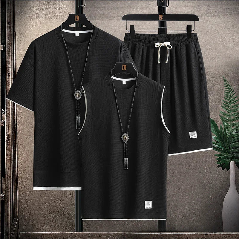 Waffle Pattern 3 Piece Men Short Sleeve Shorts Set Harajuku Japan