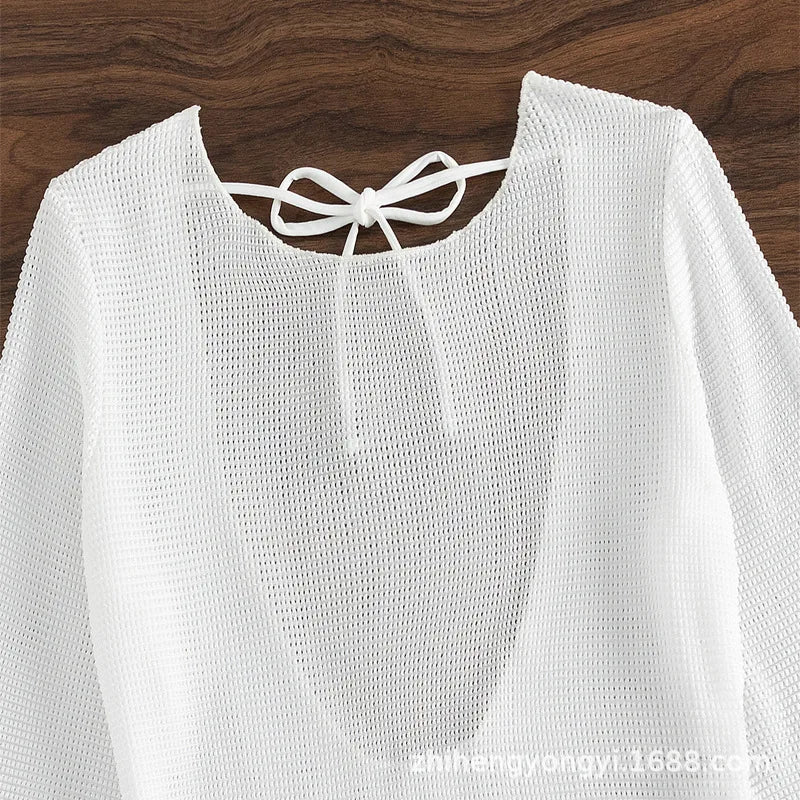 S - XL Long Sleeve Backless Crochet Knitted Tunic Beach Cover Up