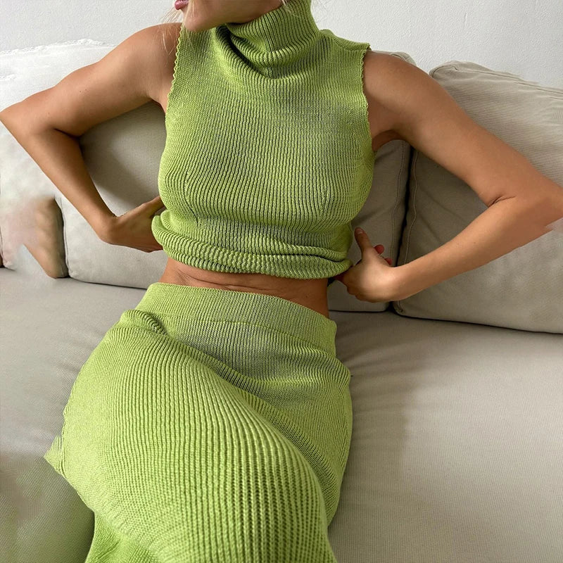 BKLD Casual Sexy Sleeveless Off Shoulder Solid Tank Top And Midi Skirt