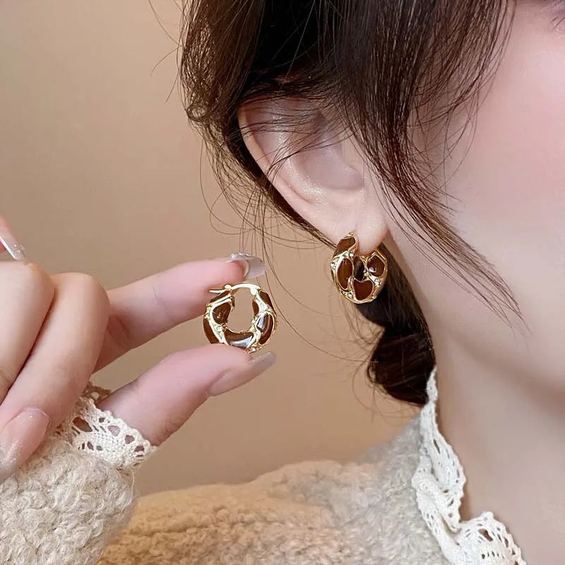 New Trendy Enamel Color Metal Texture Small Hoop Earrings for Women