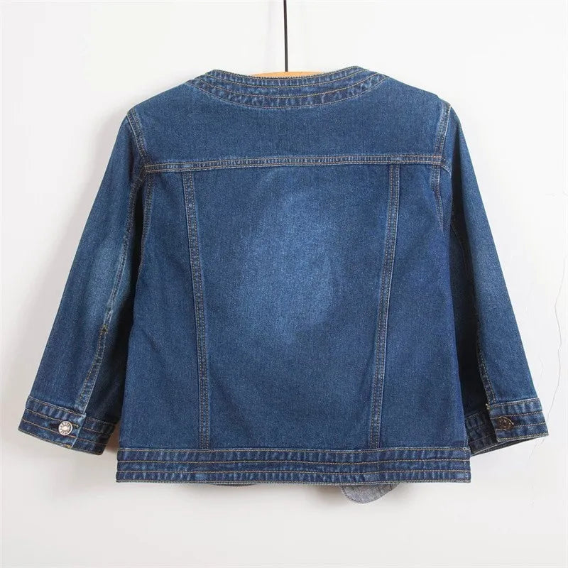 S-5XL Women Denim Jackets Spring Three-Quarter Sleeve O-Neck