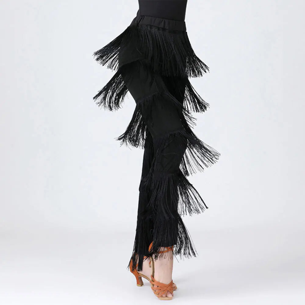 Womens Dancewear Elastic Waistband Tassel Latin Dance Pants Tango